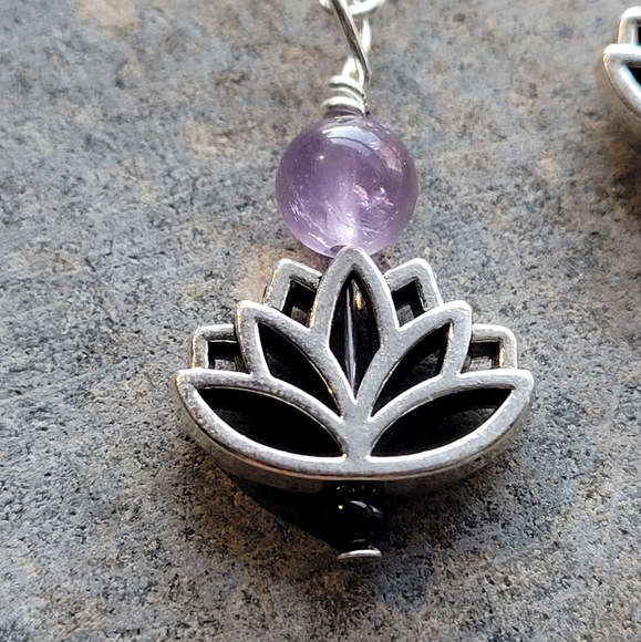 Amythest Lotus Silver Plated Earrings - Picture 3 of 7